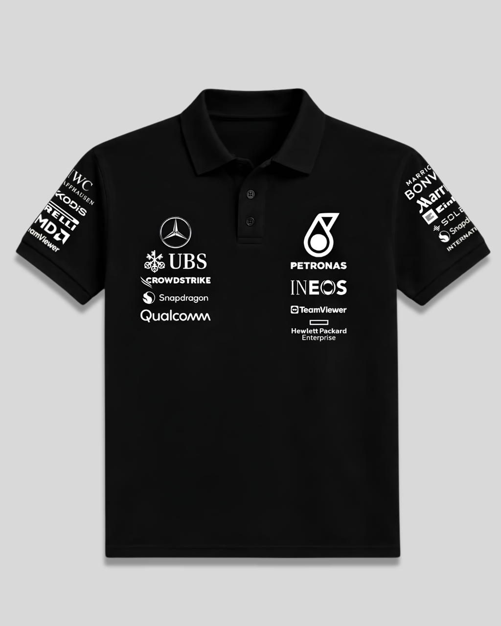 Black motorsport racing polo T-shirt with graphic detailing