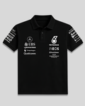 Black motorsport racing polo T-shirt with graphic detailing
