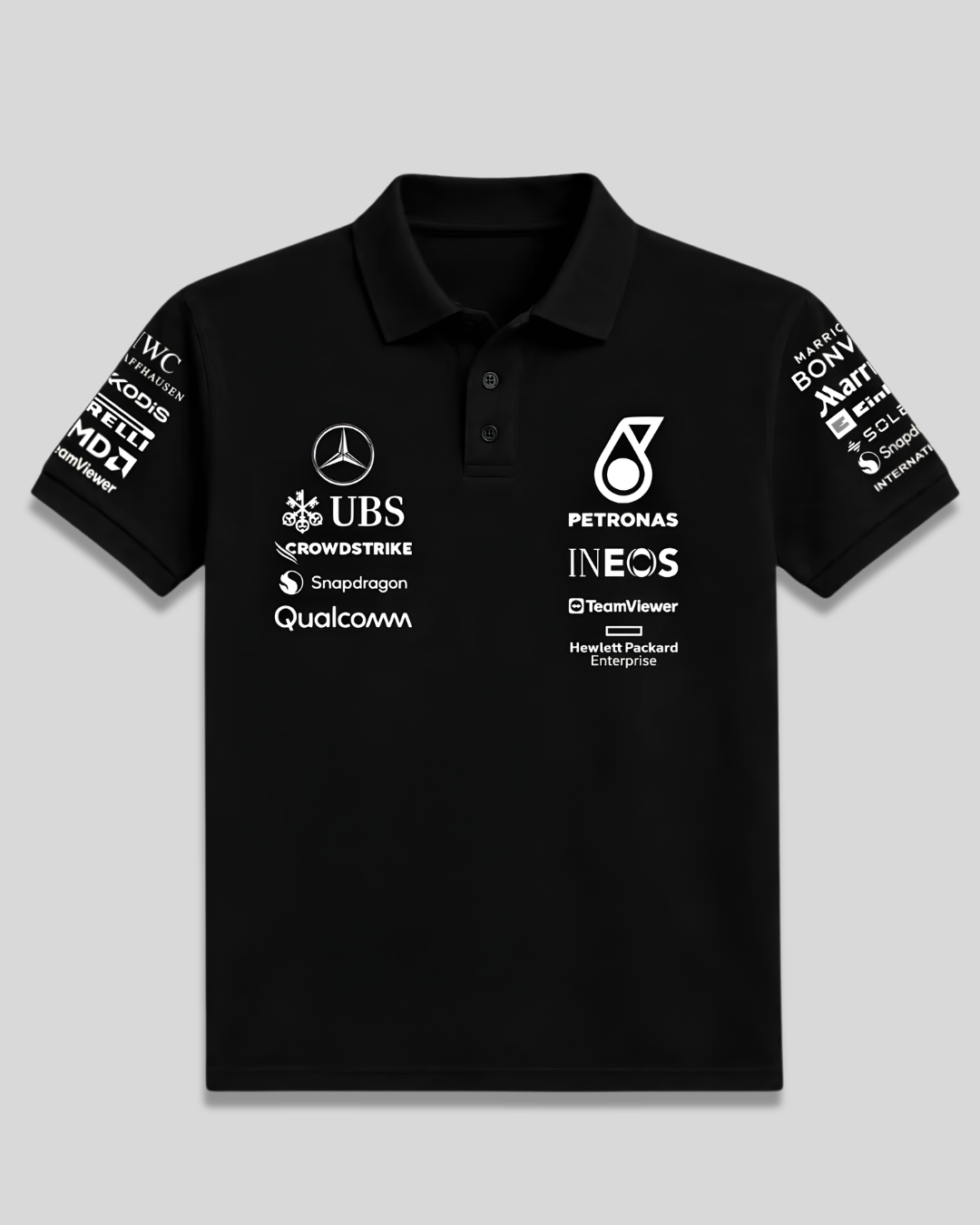 Black motorsport racing polo T-shirt with graphic detailing