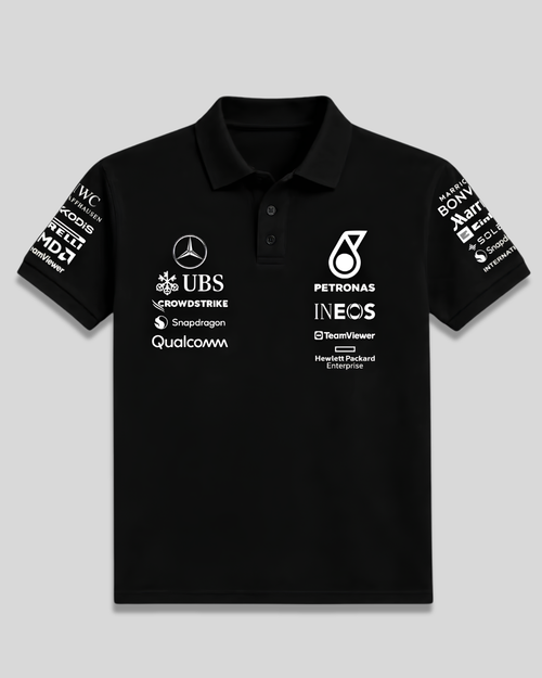 Black motorsport racing polo T-shirt with graphic detailing