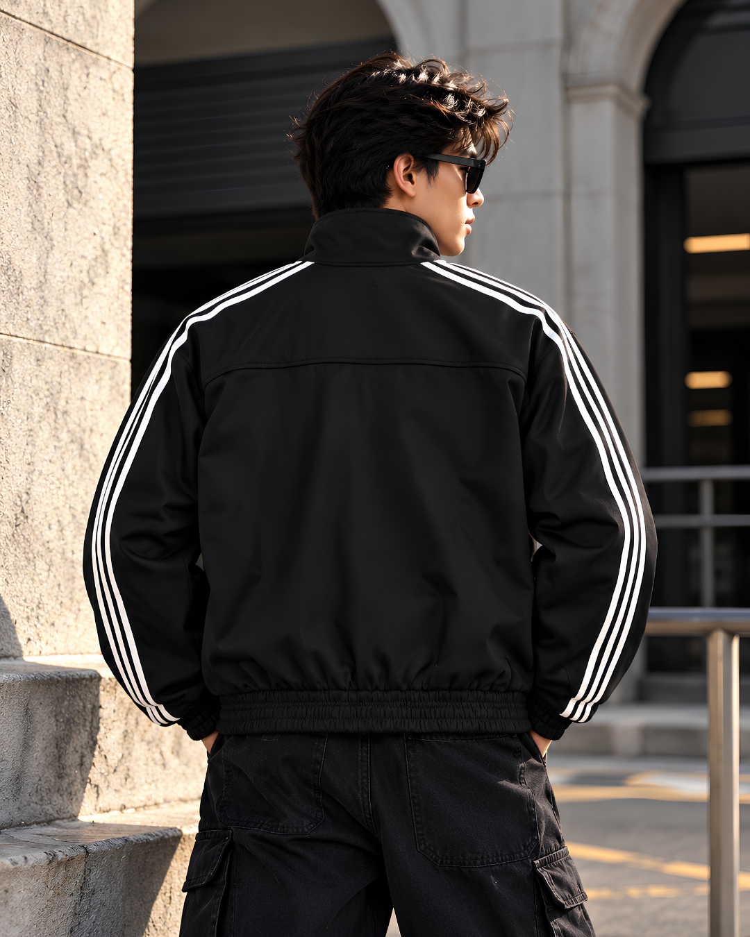 Male model wearing black CNY Chinese toggle jacket in urban streetwear photoshoot