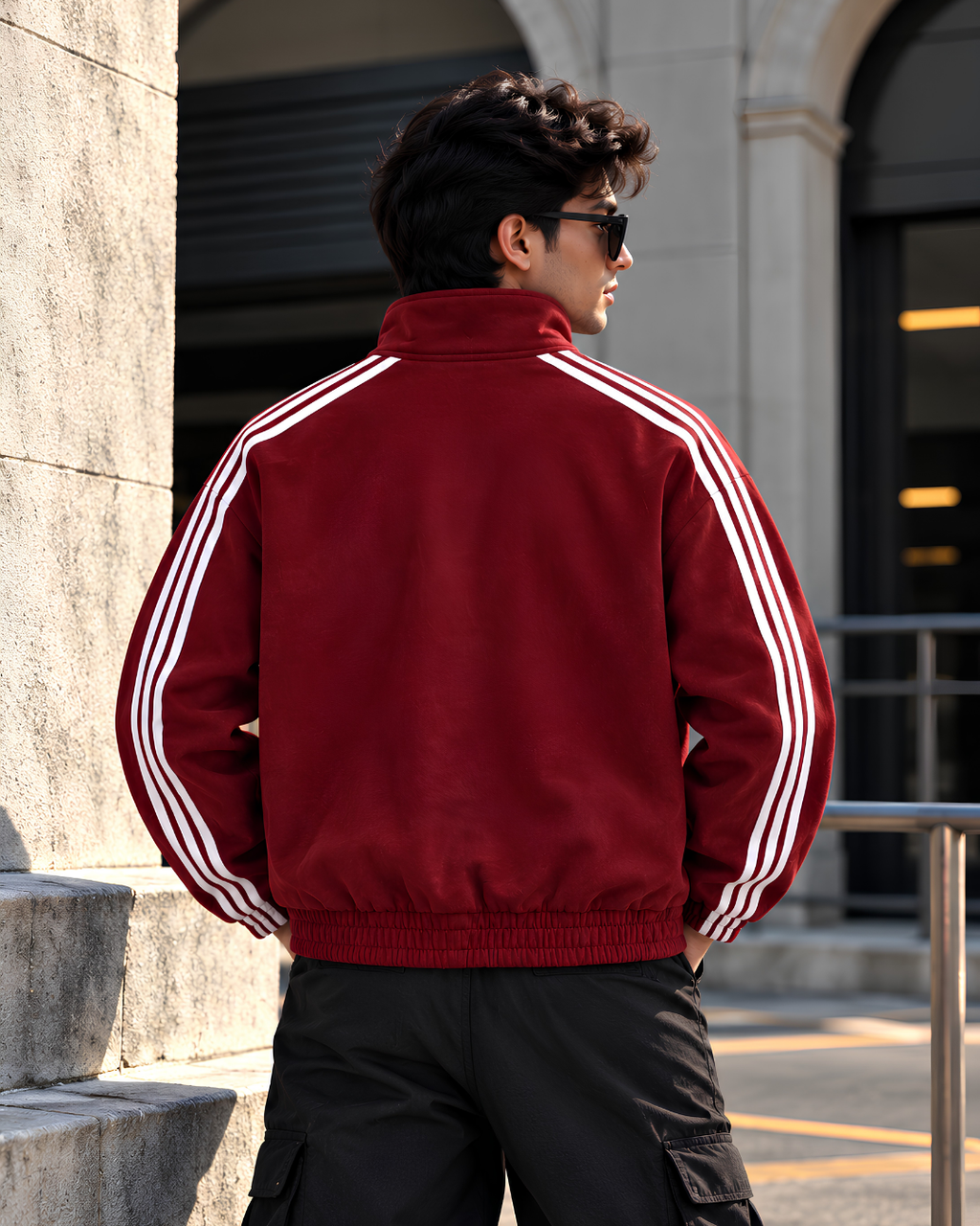 Male fashion model wearing burgundy red CNY Chinese jacket with black cargo pants