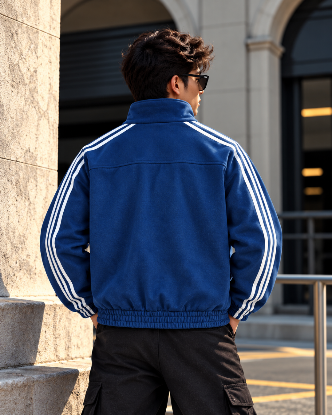 Male model wearing royal blue Chinese style CNY jacket with black cargo pants