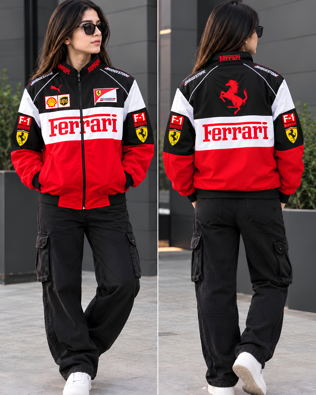 Black white red Ferrari inspired zip up racing jacket front product view