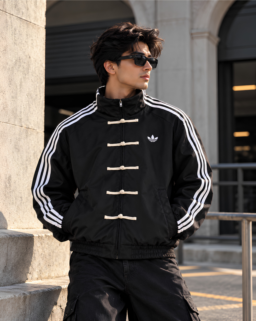 Black CNY track jacket front view with Chinese toggle closures and white stripes