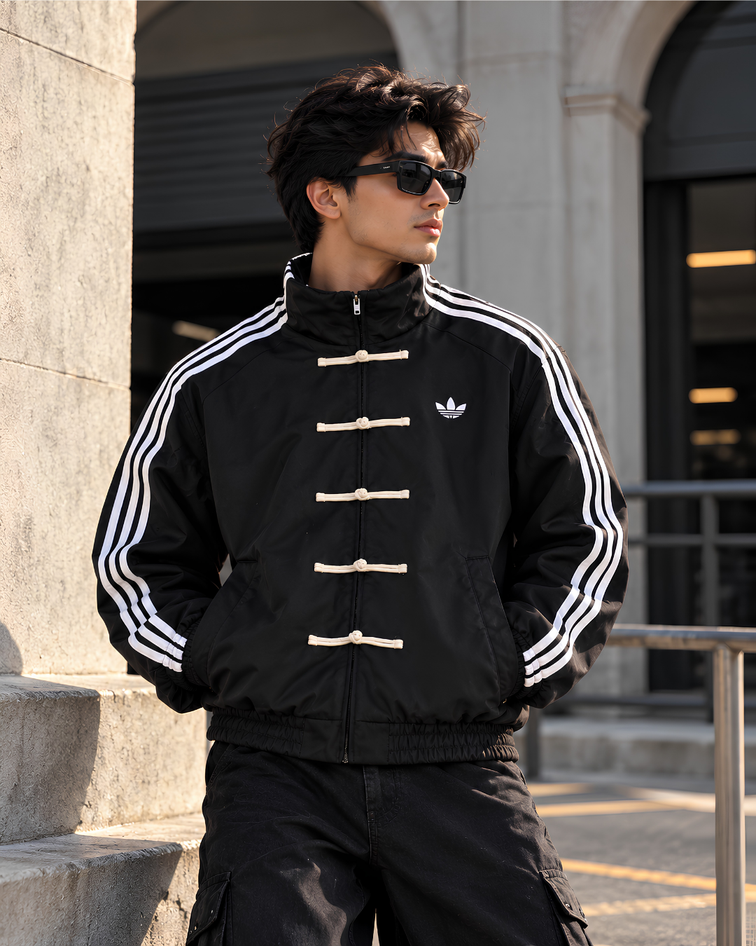Black CNY track jacket front view with Chinese toggle closures and white stripes