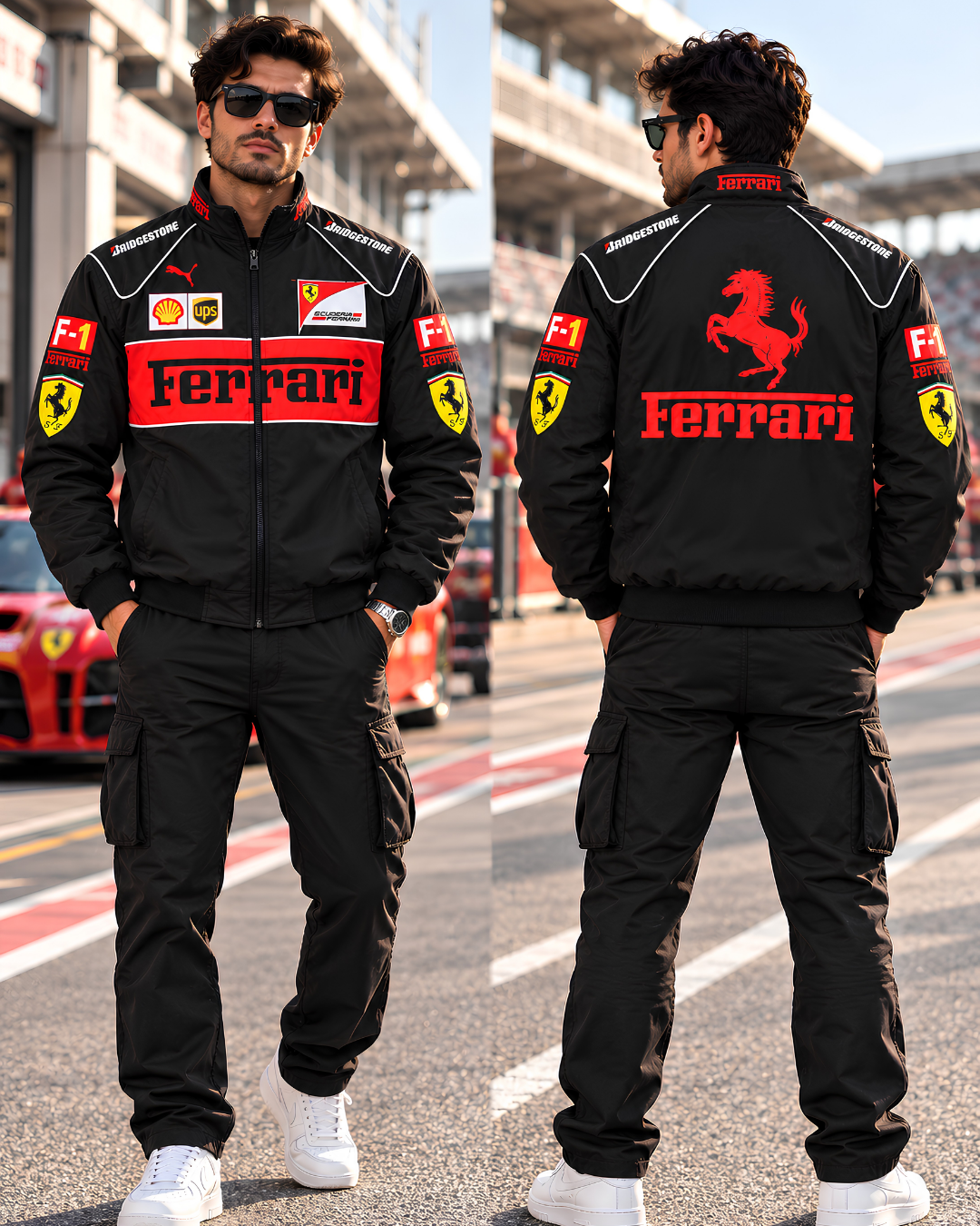 Premium black racing jacket high collar zipper and detailed motorsport chest patches
