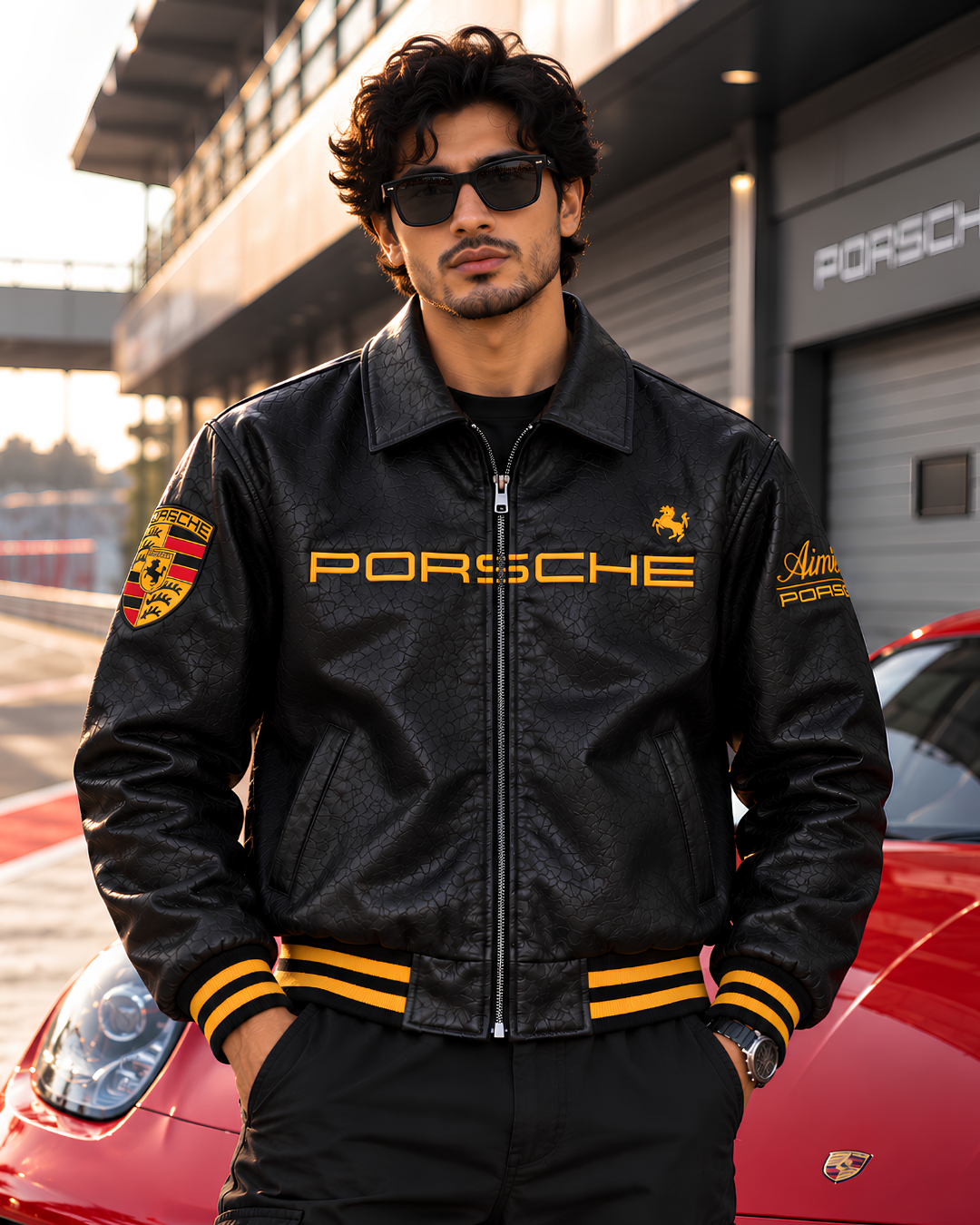 Porsche inspired black textured faux leather racing jacket front view