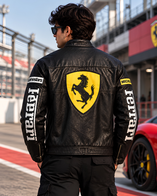 Premium black racing biker jacket with white graphics