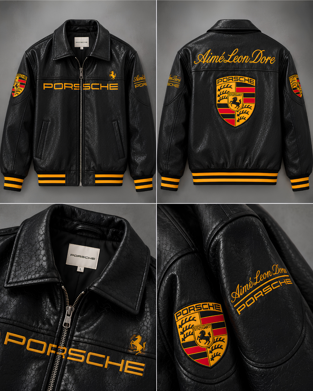 Black motorsport jacket with structured collar and zip closure