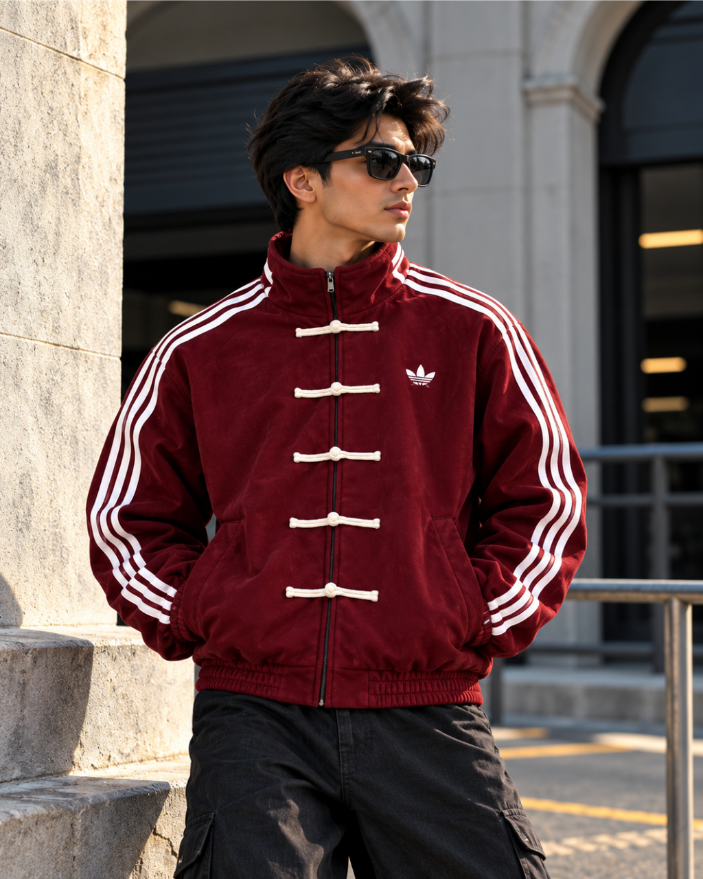 Burgundy red CNY Chinese style jacket front view with white stripes and toggle buttons