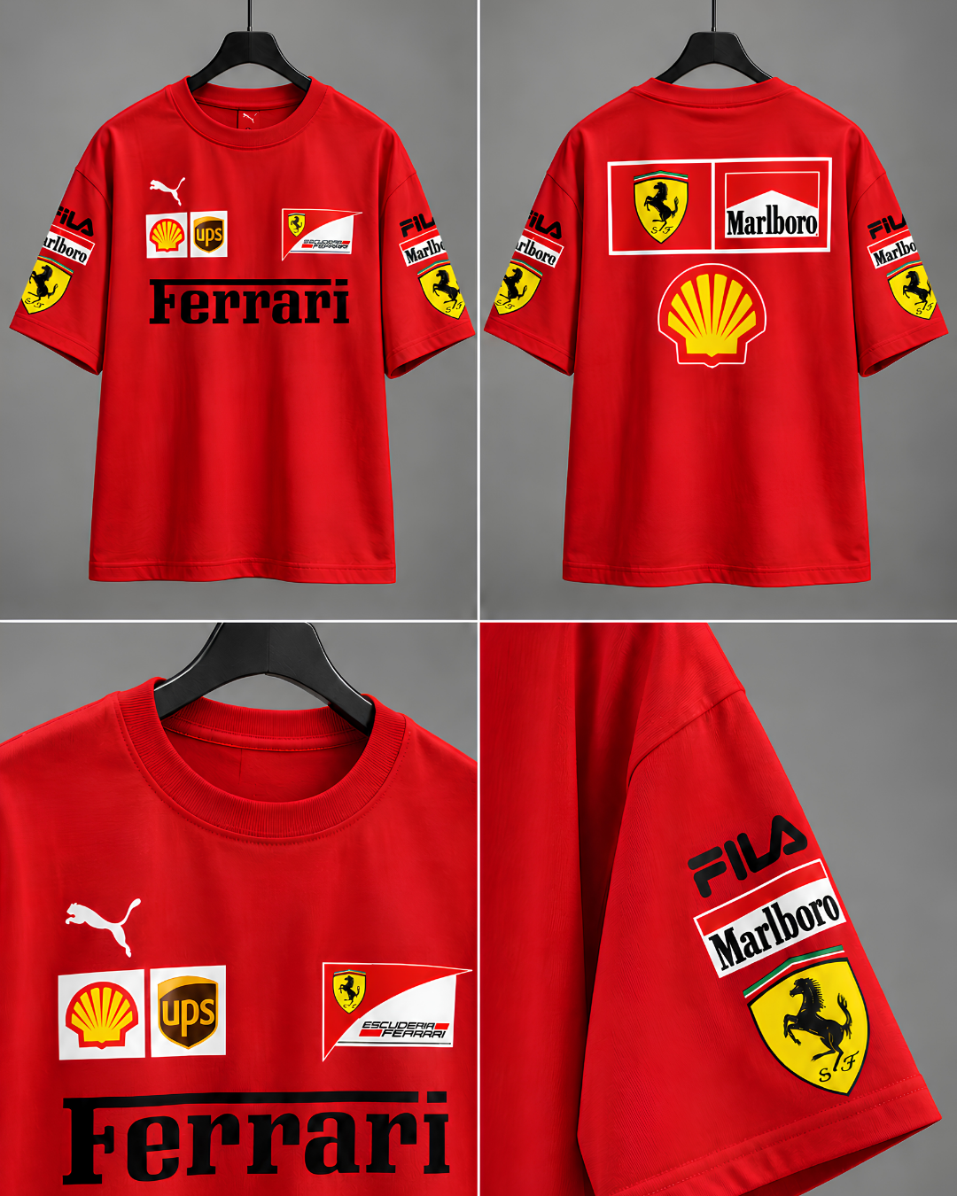 Red drop shoulder racing T-shirt with printed half sleeves
