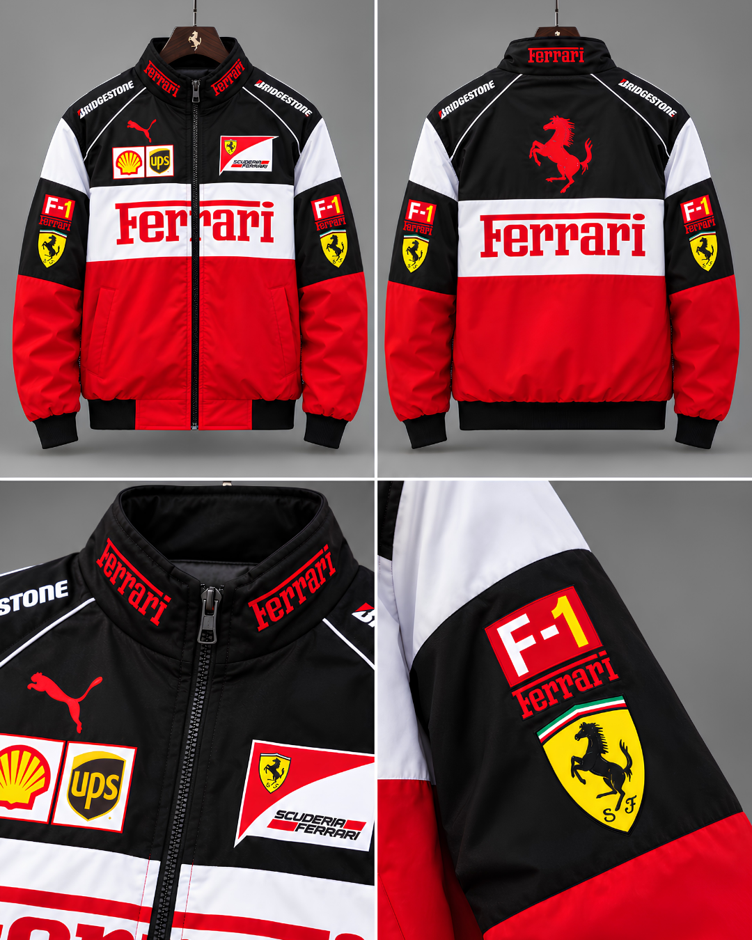 Four panel Ferrari inspired racing jacket product showcase with detailed front back views
