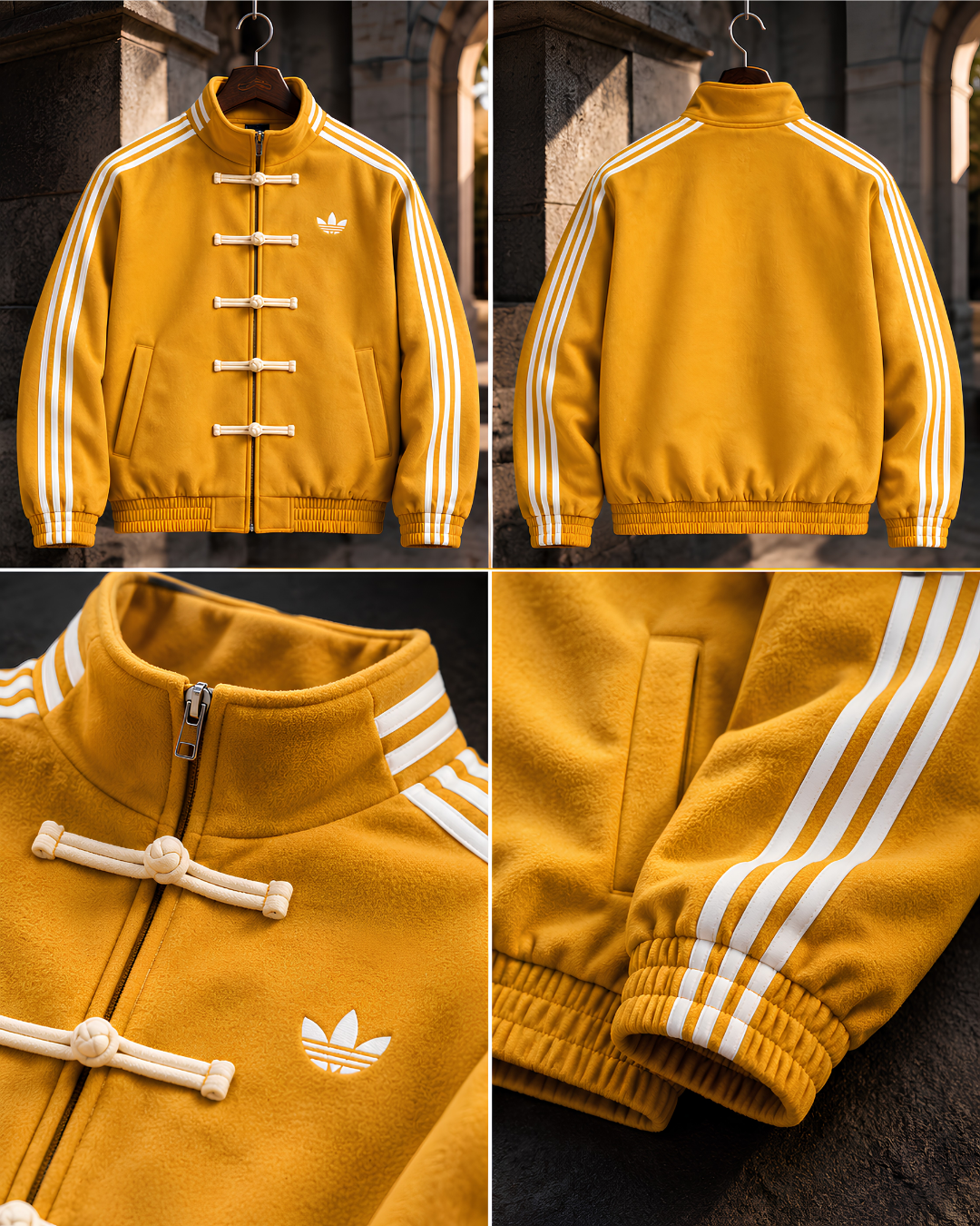 Four panel mustard yellow CNY jacket product showcase featuring front back and fabric details