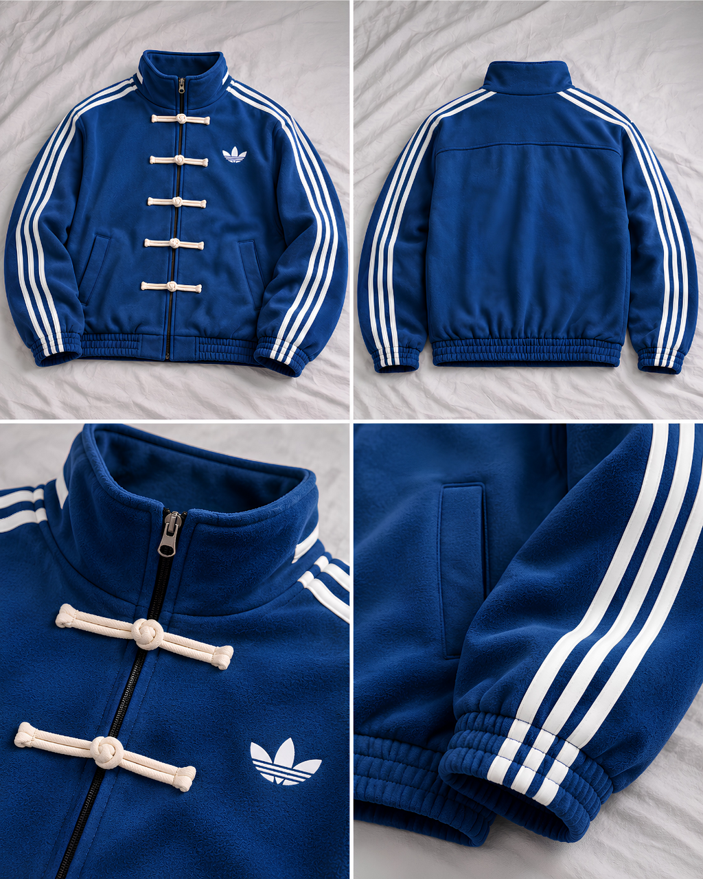 Four panel royal blue CNY jacket showcase featuring front back and closeup details