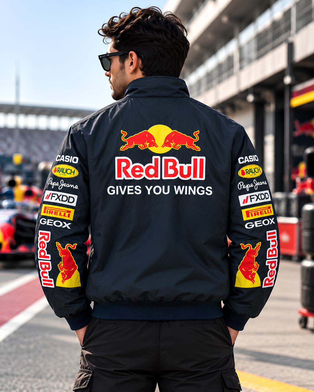 Red Bull racing jacket back view featuring large logo and motorsport slogan