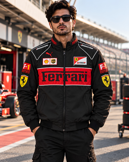 Black Ferrari F1 inspired racing jacket front view with red motorsport graphics