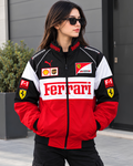 Female model wearing black red white Ferrari inspired racing jacket front view