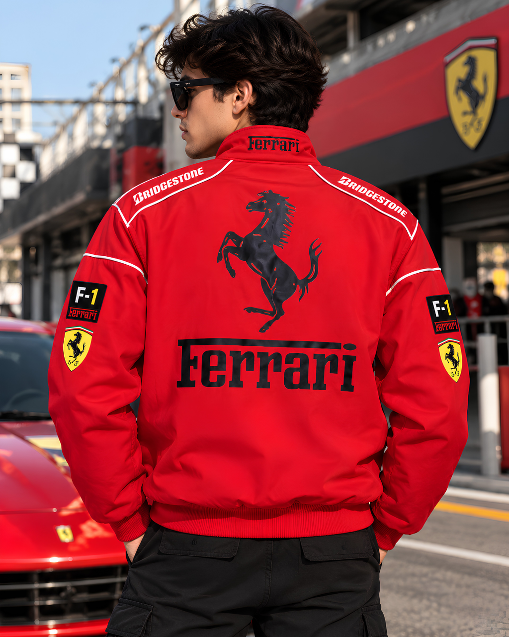 Premium red racing jacket model photoshoot
