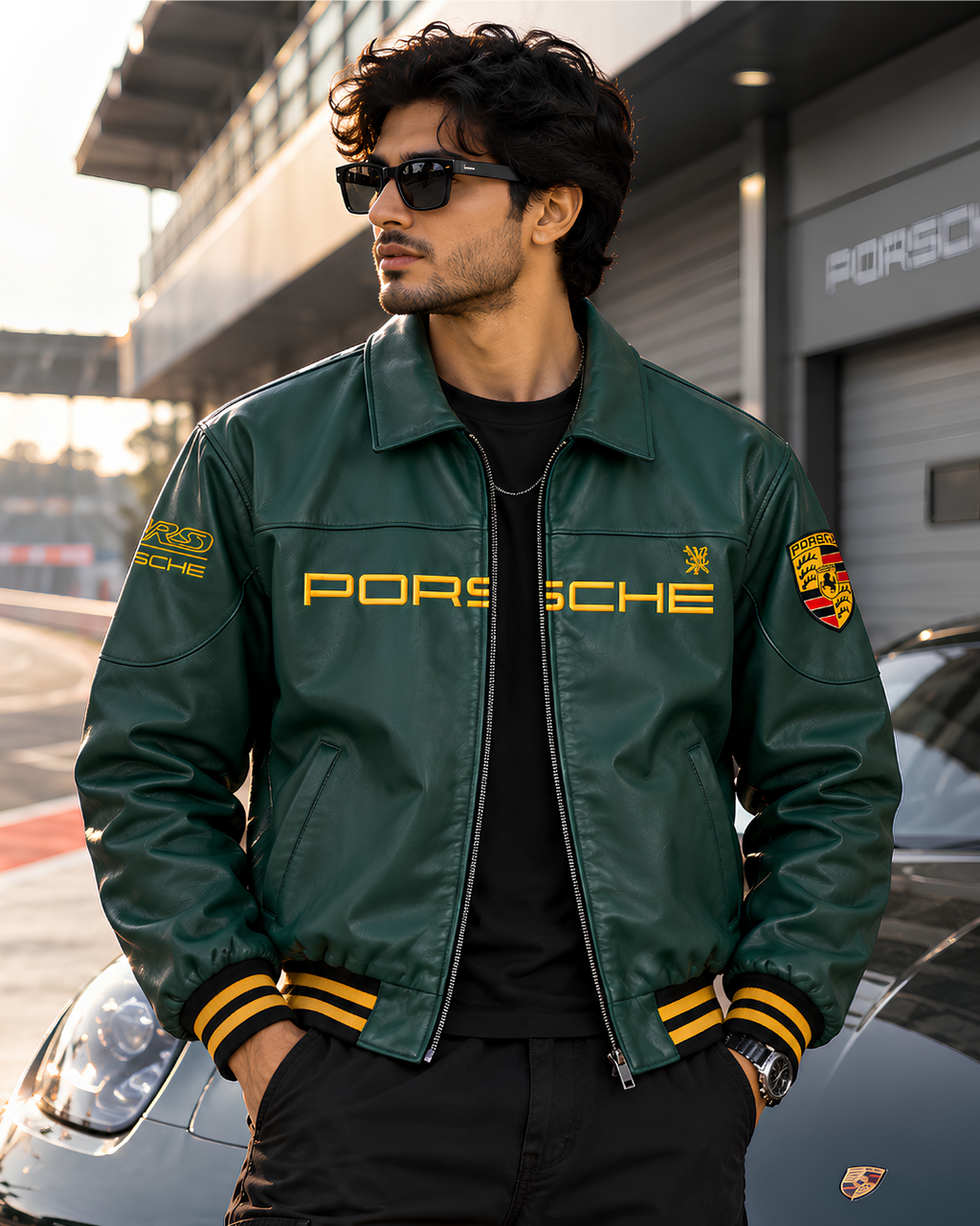 Premium racing jacket full body model photoshoot