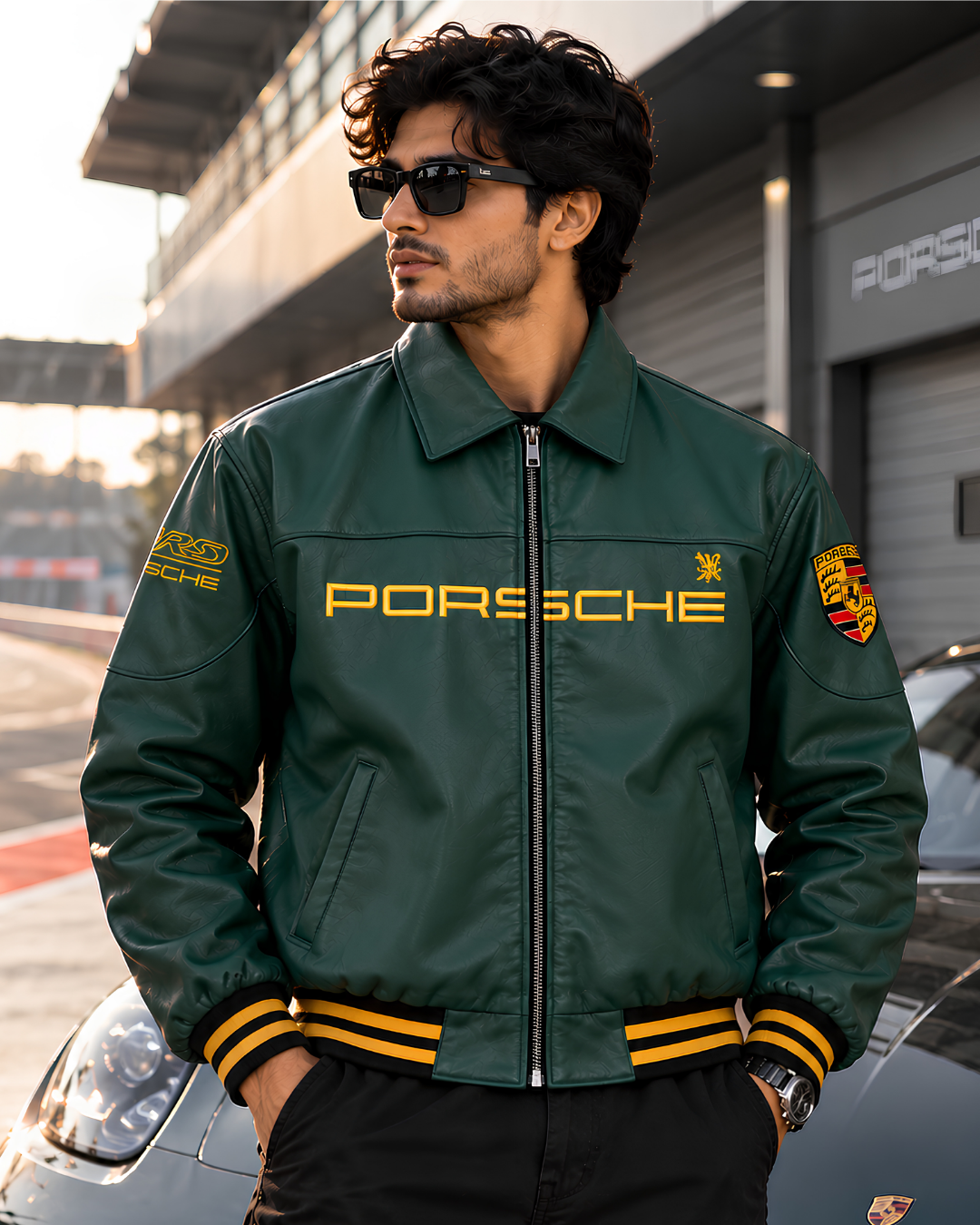 Porsche inspired racing jacket four angle product detail shot