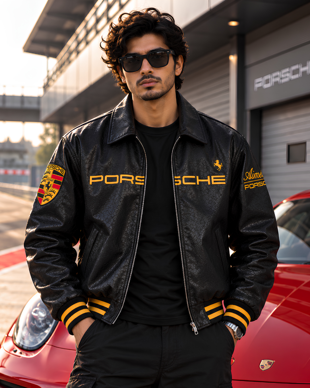 Black textured racing bomber jacket with yellow striped cuffs