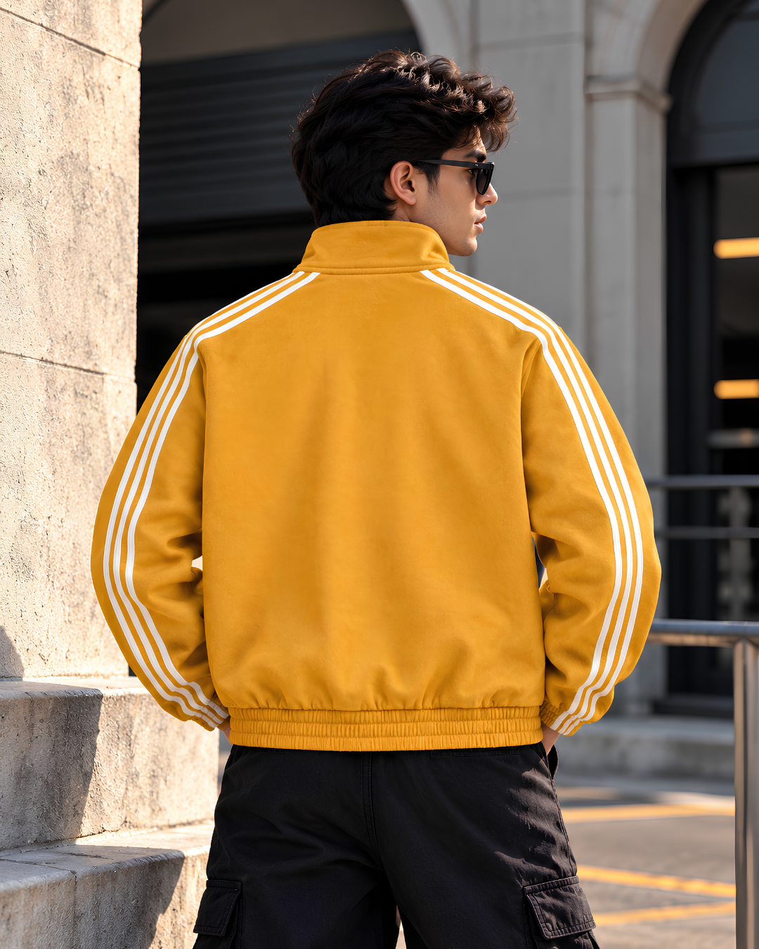 Mustard yellow CNY track jacket back view with white triple stripes and elastic hem