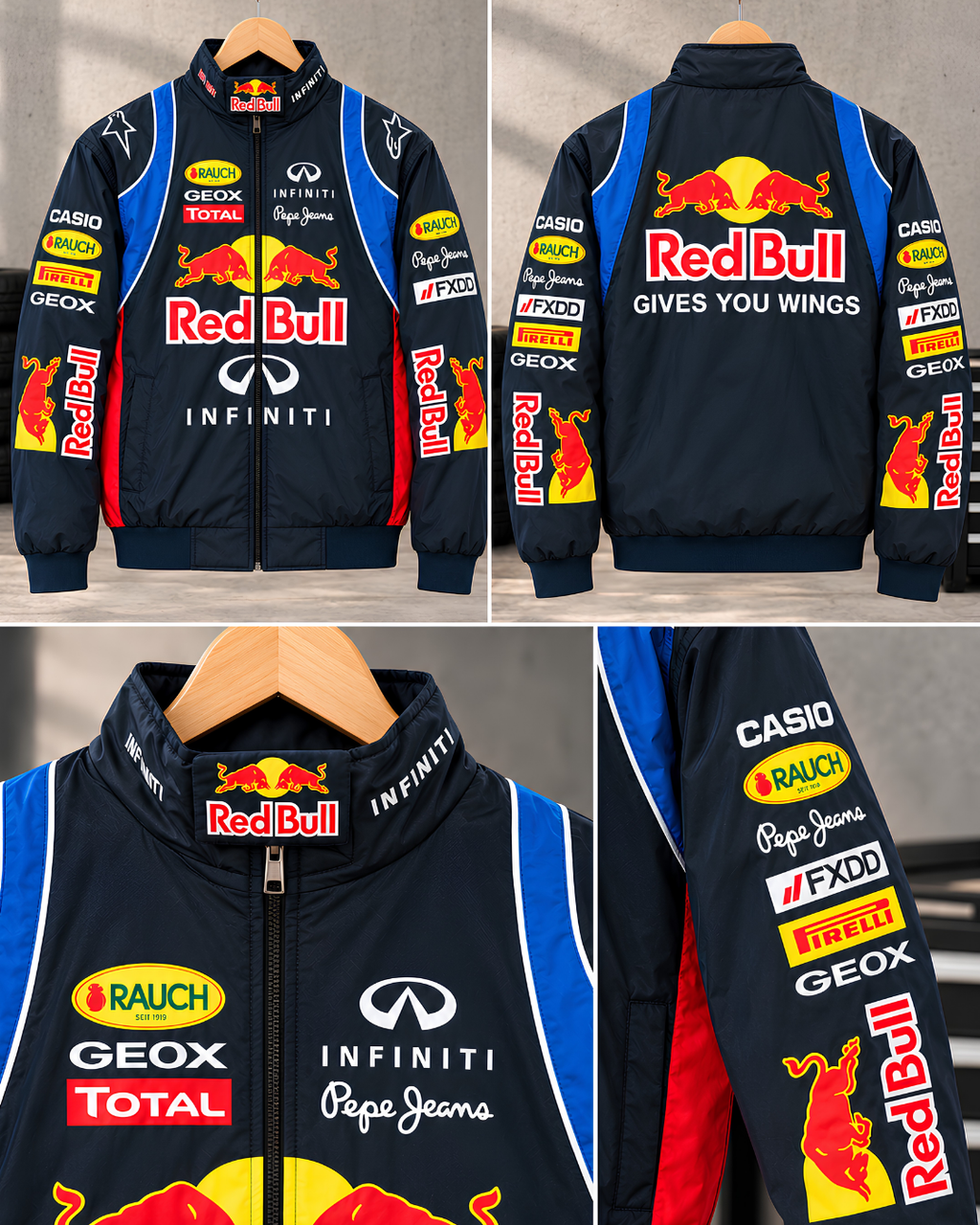 Male model wearing navy blue F1 inspired racing jacket with black cargo pants