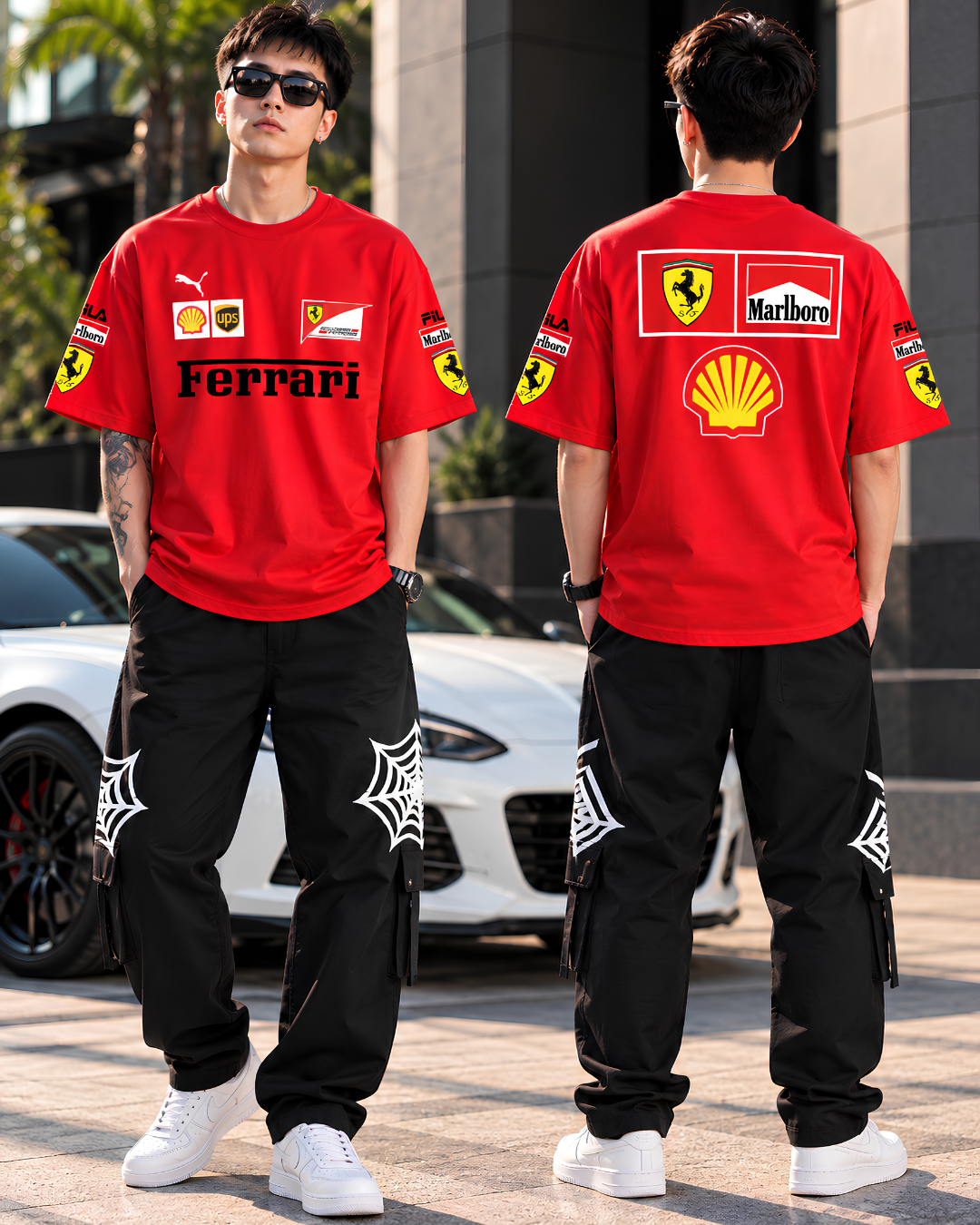Red Ferrari inspired streetwear T-shirt styled with black baggy pants