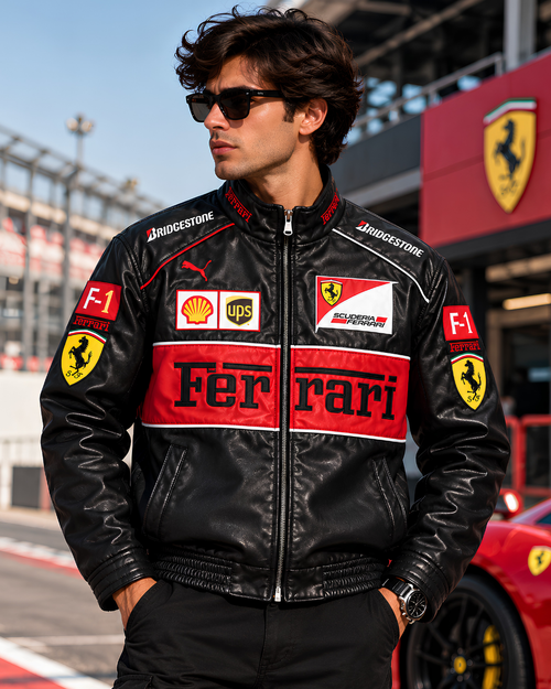 Black and red F1 racing leather jacket front view