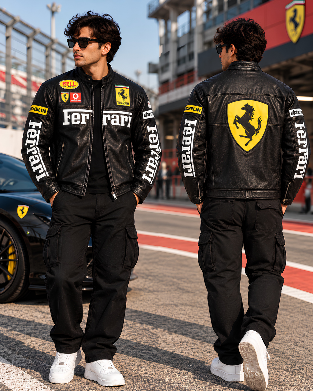 Men's black biker jacket with racing sponsor patches