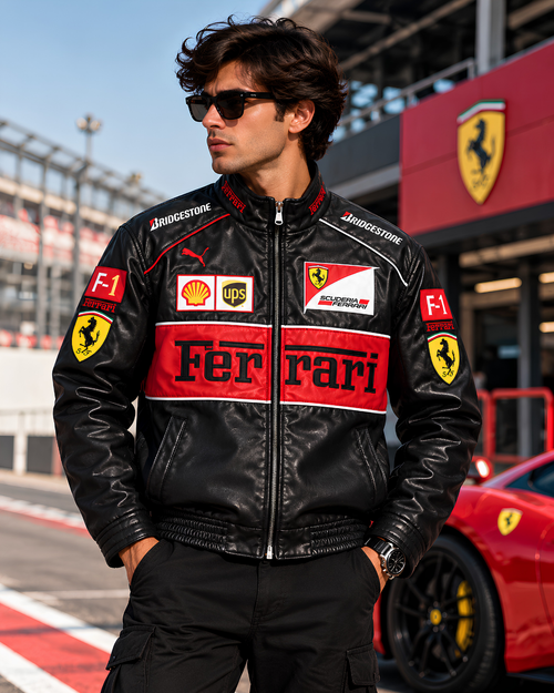 Black and red F1 racing leather jacket front view