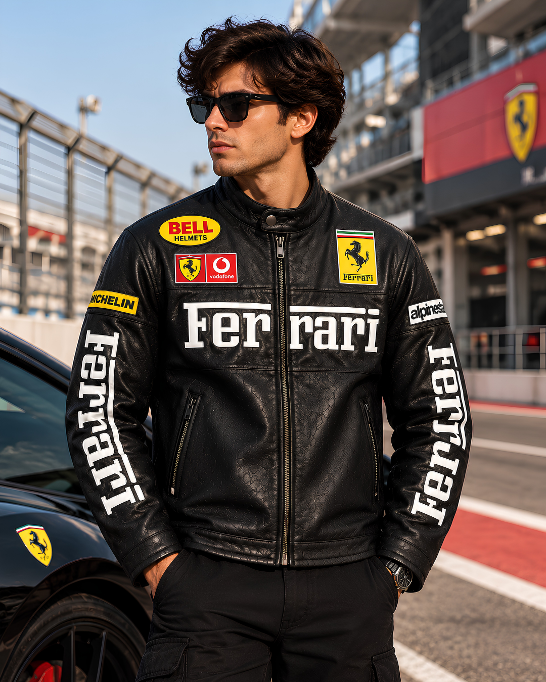 Black Ferrari inspired leather racing jacket front view