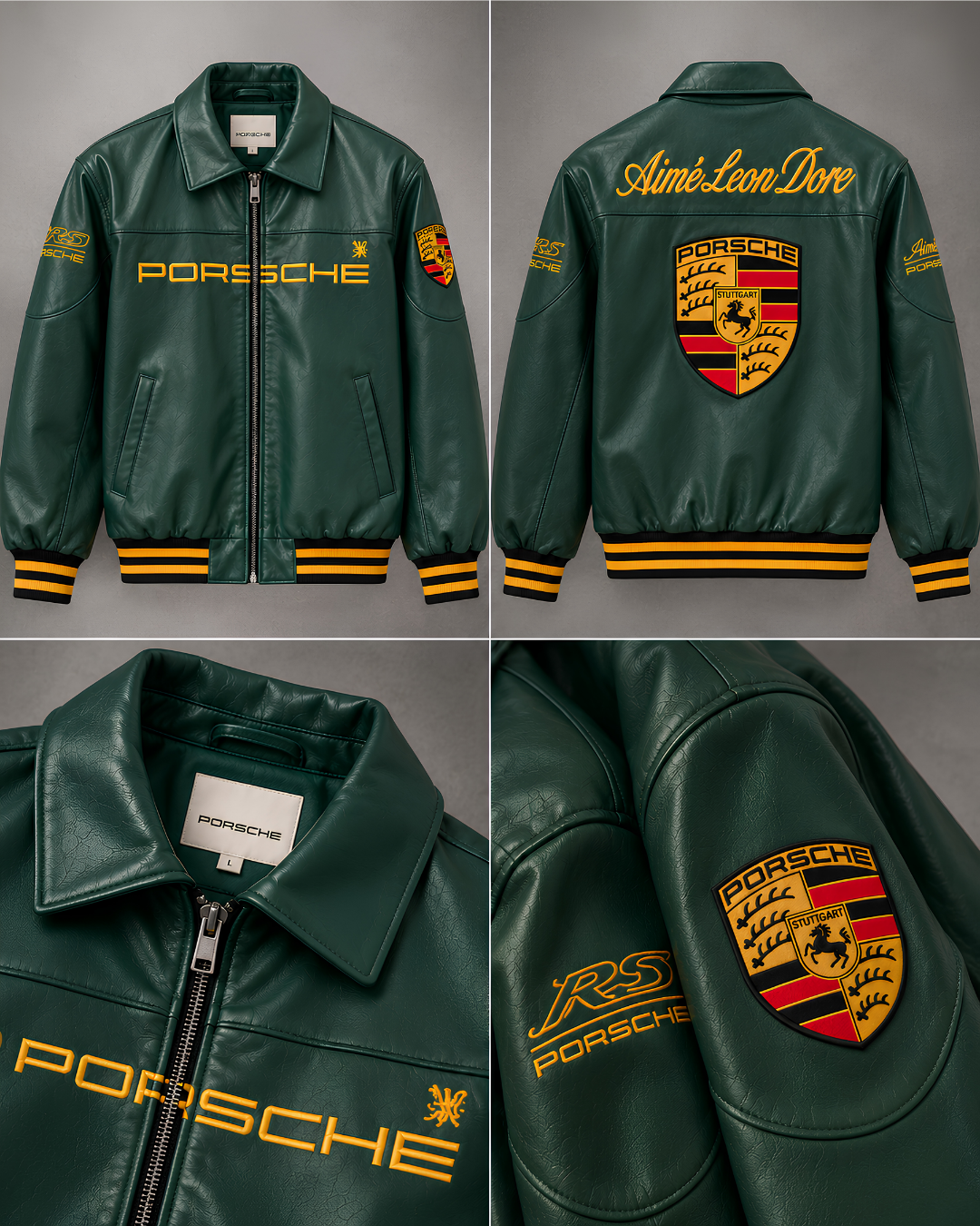 Green Porsche inspired racing jacket sleeve logo close-up