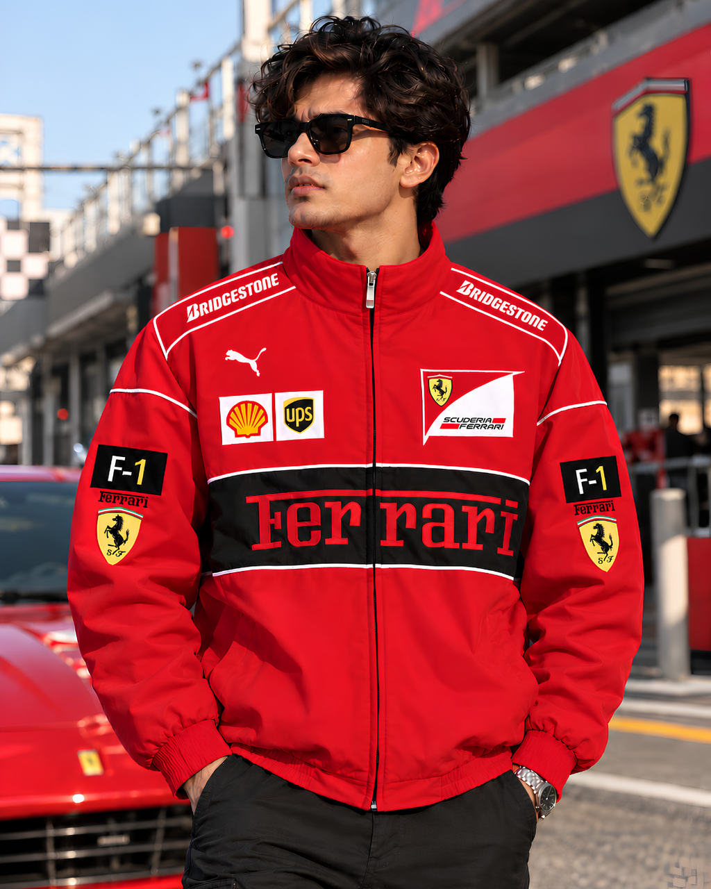 Red Ferrari inspired F1 racing jacket front view