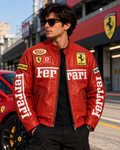 Red Ferrari inspired leather racing jacket front view