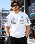 Petronas F1 inspired white oversized T-shirt front view on model
