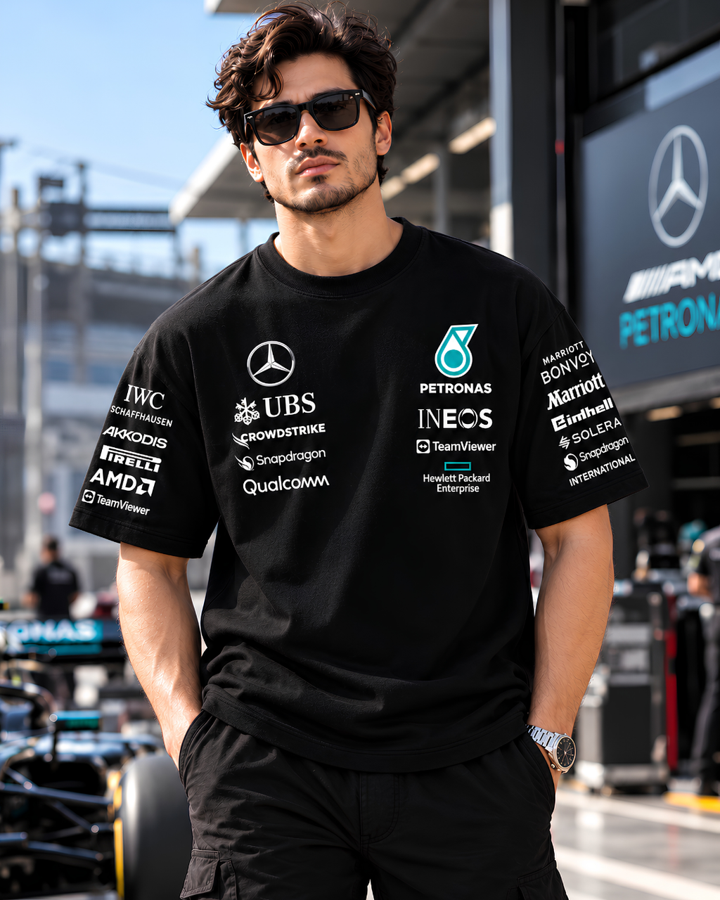 Petronas F1 inspired black oversized T-shirt front model view