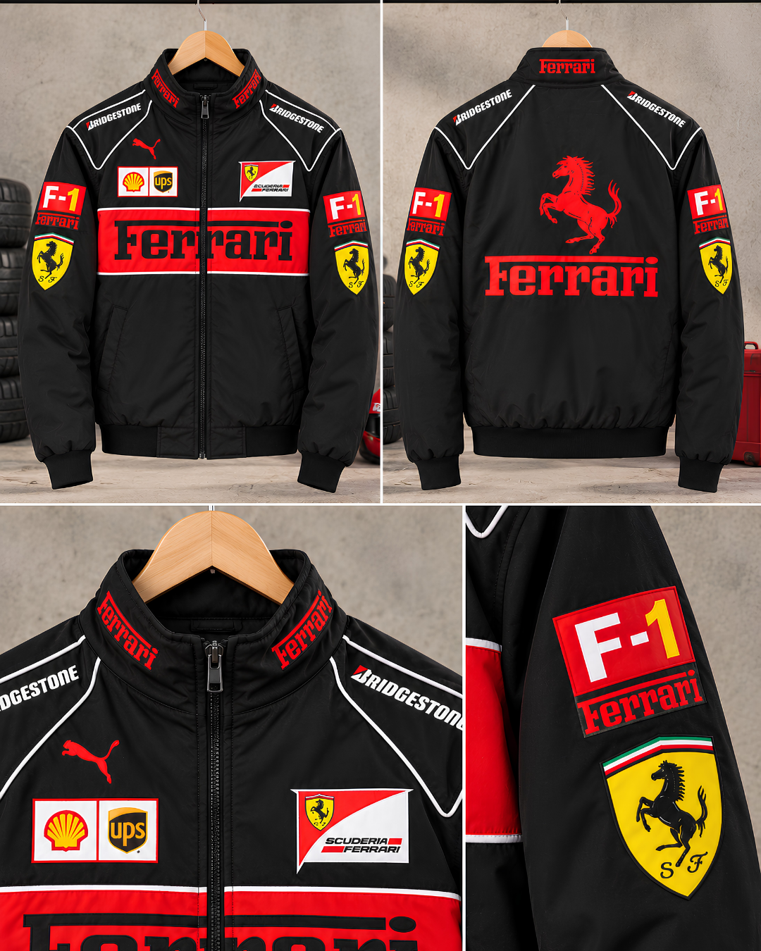 Black motorsport jacket sleeve close up featuring F1 patch and yellow racing shield