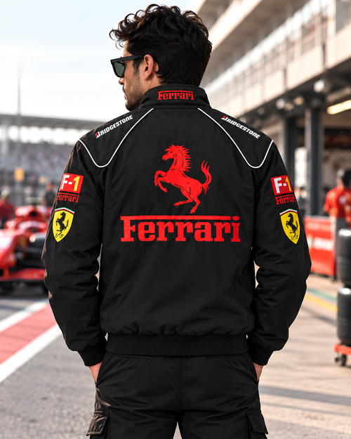 Black racing jacket back view featuring red Ferrari horse graphic and lettering