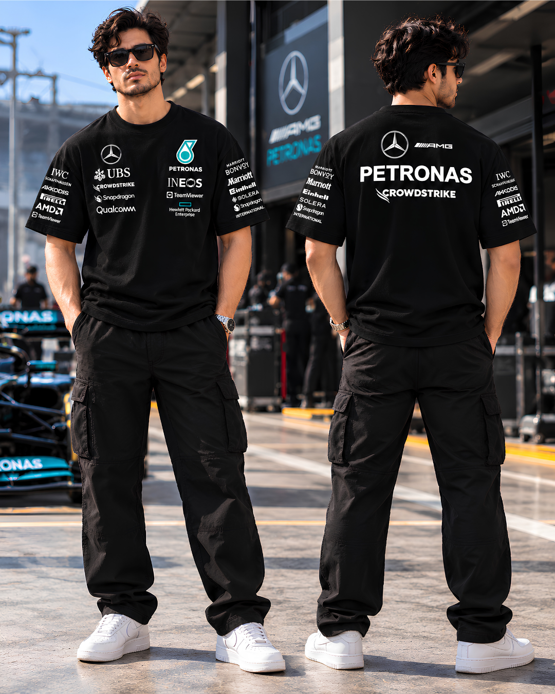 Black racing oversized T-shirt front and back model photos