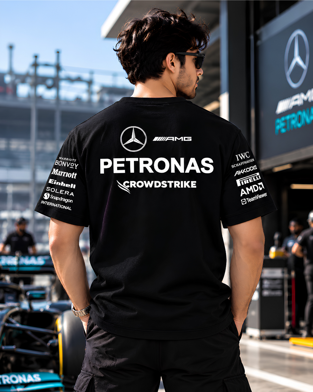 Black oversized motorsport T-shirt front sponsor graphics