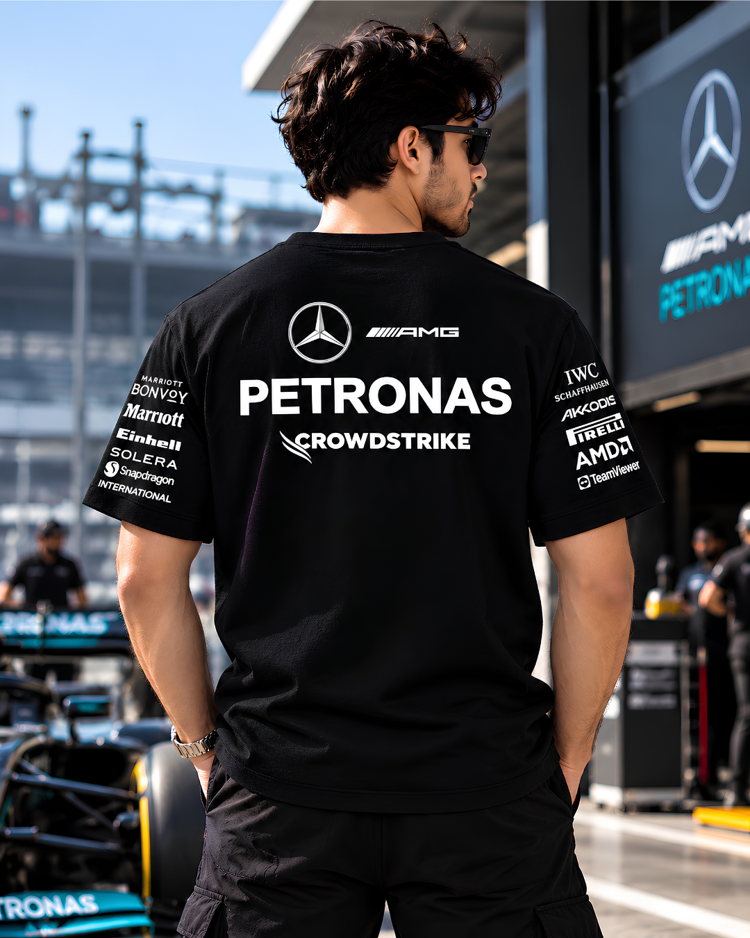 Black oversized motorsport T-shirt front sponsor graphics