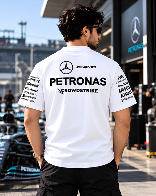 White oversized motorsport T-shirt with black sponsor graphics