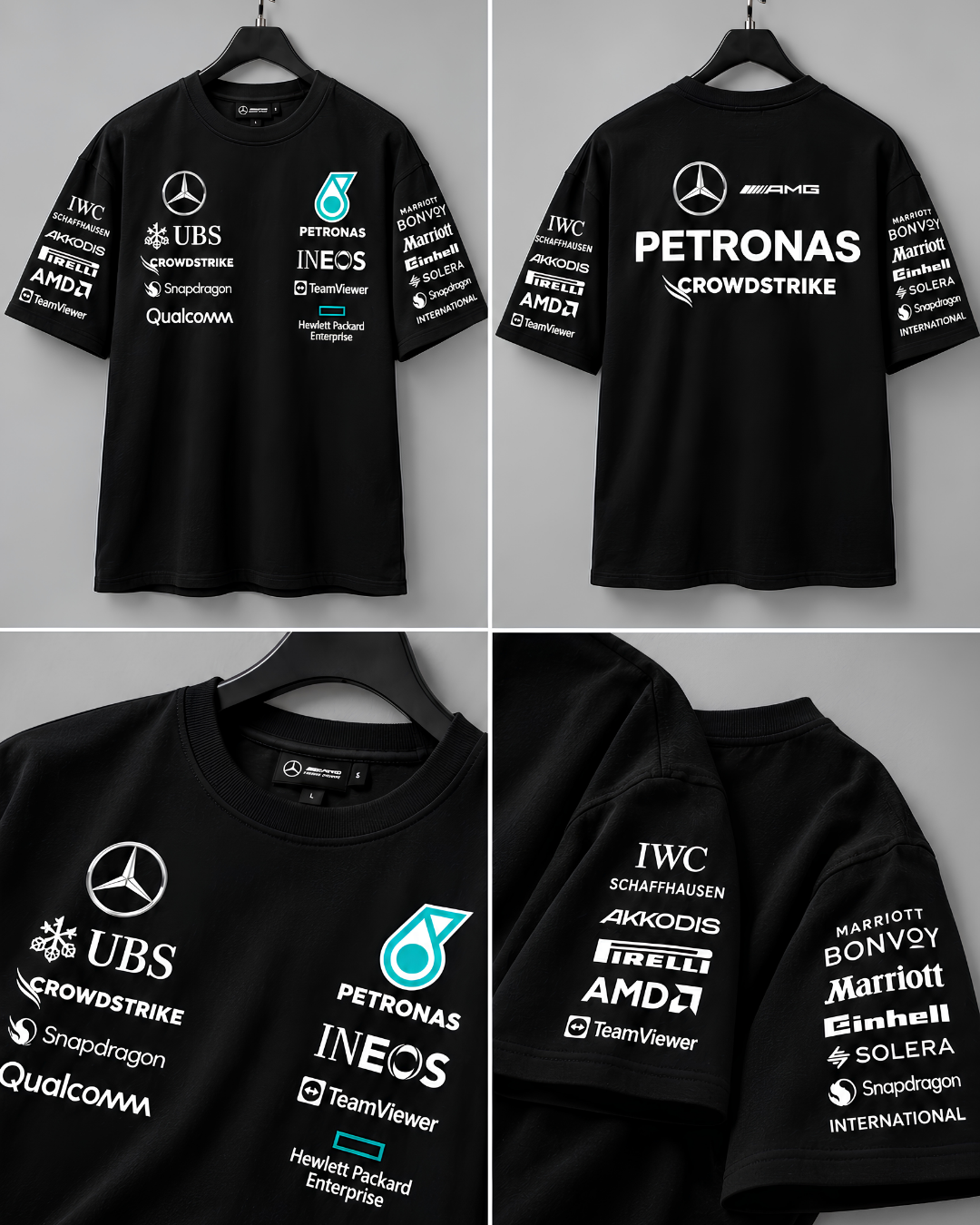 Black F1 inspired oversized T-shirt sleeve print close-up