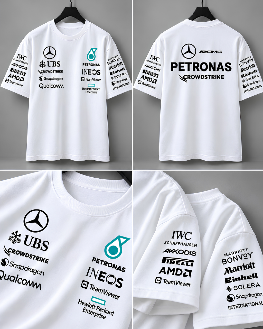 White racing T-shirt four in one product hero shot