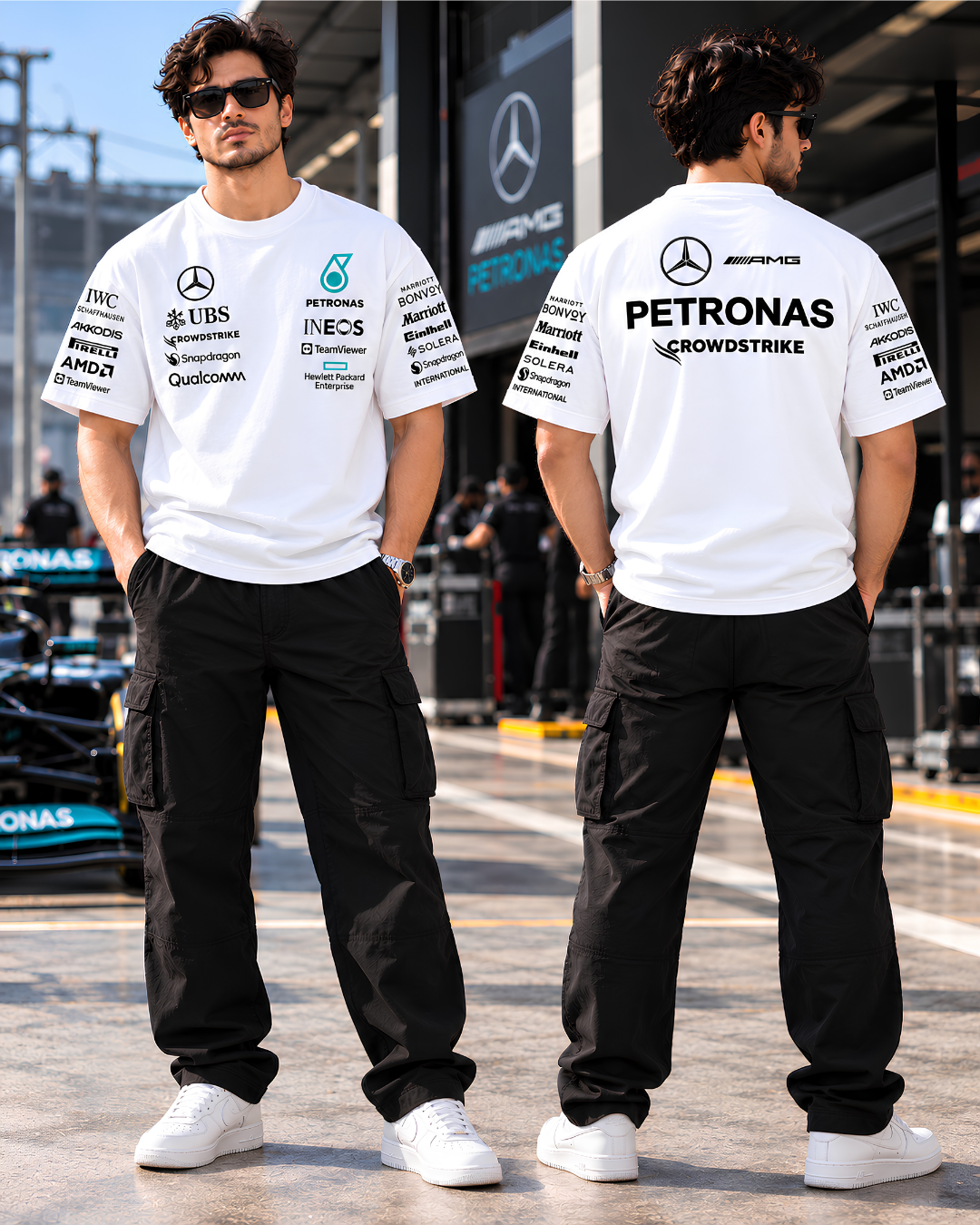 White F1 inspired oversized T-shirt front and back full body view