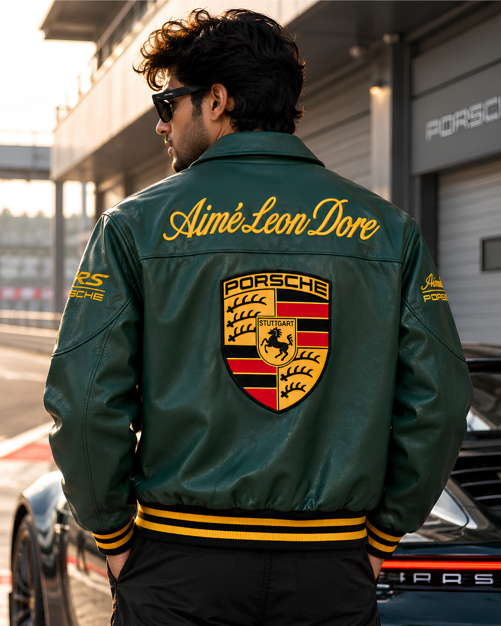 Motorsport inspired faux leather jacket with yellow striped hem