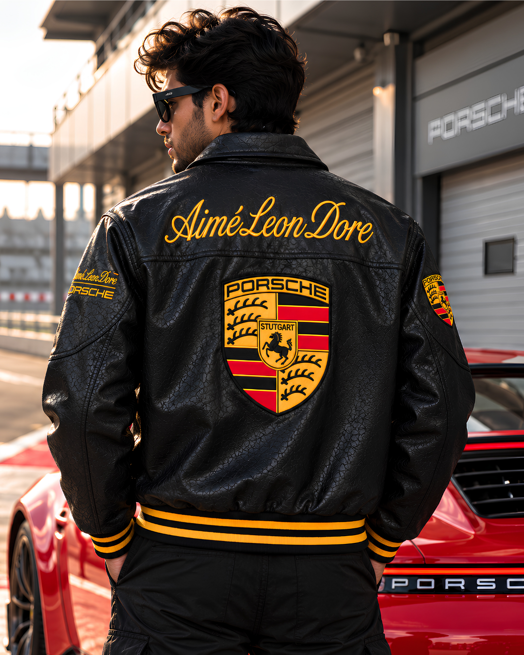 Premium black racing jacket with golden yellow Porsche lettering