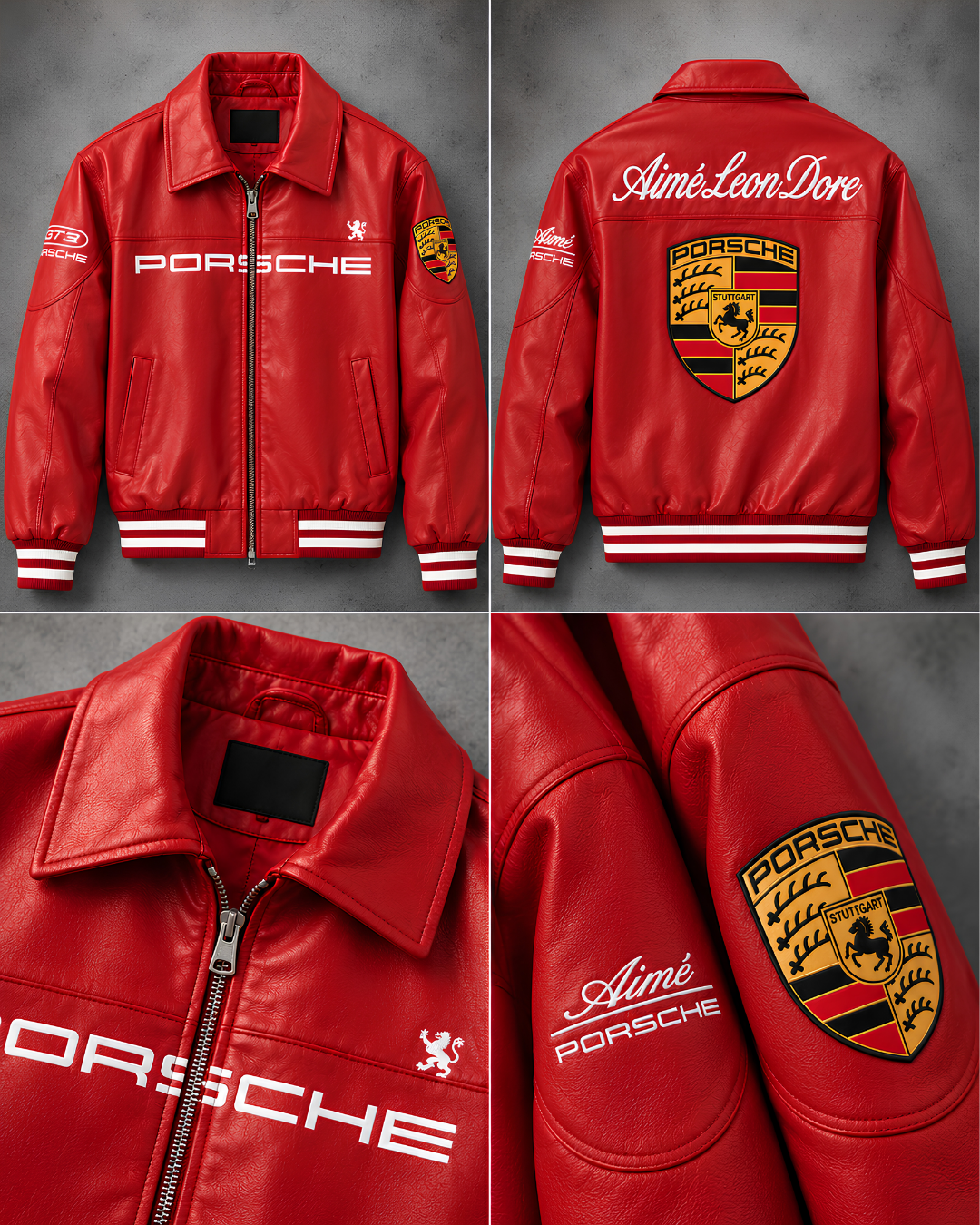 Red faux leather racing jacket professional model photoshoot